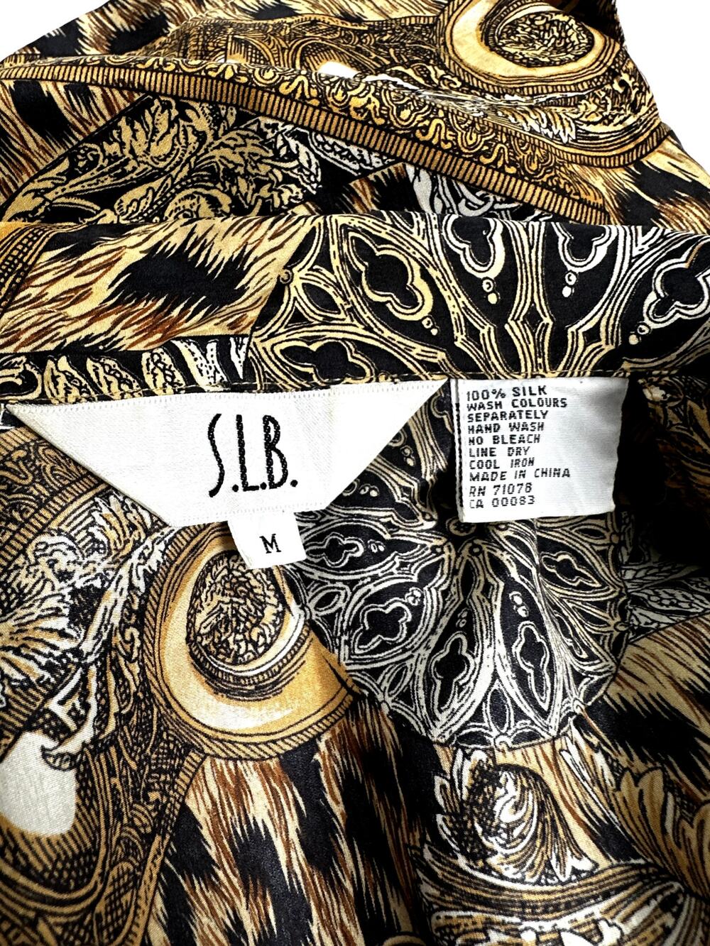 S.L.B. Vintage Versace Style Gold Baroque Leopard Print Silk Shirt Blouse | M